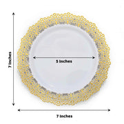 10 White Round Plastic Salad and Dinner Plates with Gold Lace Rim - Disposable Tableware
