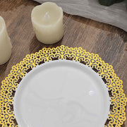 10 White Round Plastic Salad and Dinner Plates with Gold Lace Rim - Disposable Tableware