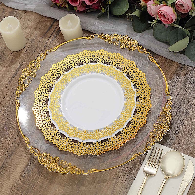 10 White Round Plastic Salad and Dinner Plates with Gold Lace Rim - Disposable Tableware