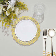 10 White Round Plastic Salad and Dinner Plates with Gold Lace Rim - Disposable Tableware