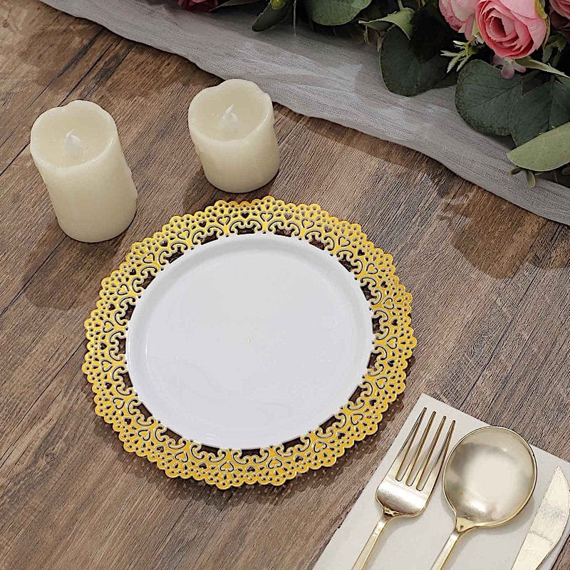 10 White Round Plastic Salad and Dinner Plates with Gold Lace Rim - Disposable Tableware