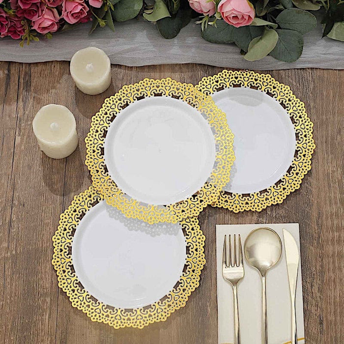 10 White Round Plastic Salad and Dinner Plates with Gold Lace Rim - Disposable Tableware