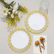 10 White Round Plastic Salad and Dinner Plates with Gold Lace Rim - Disposable Tableware