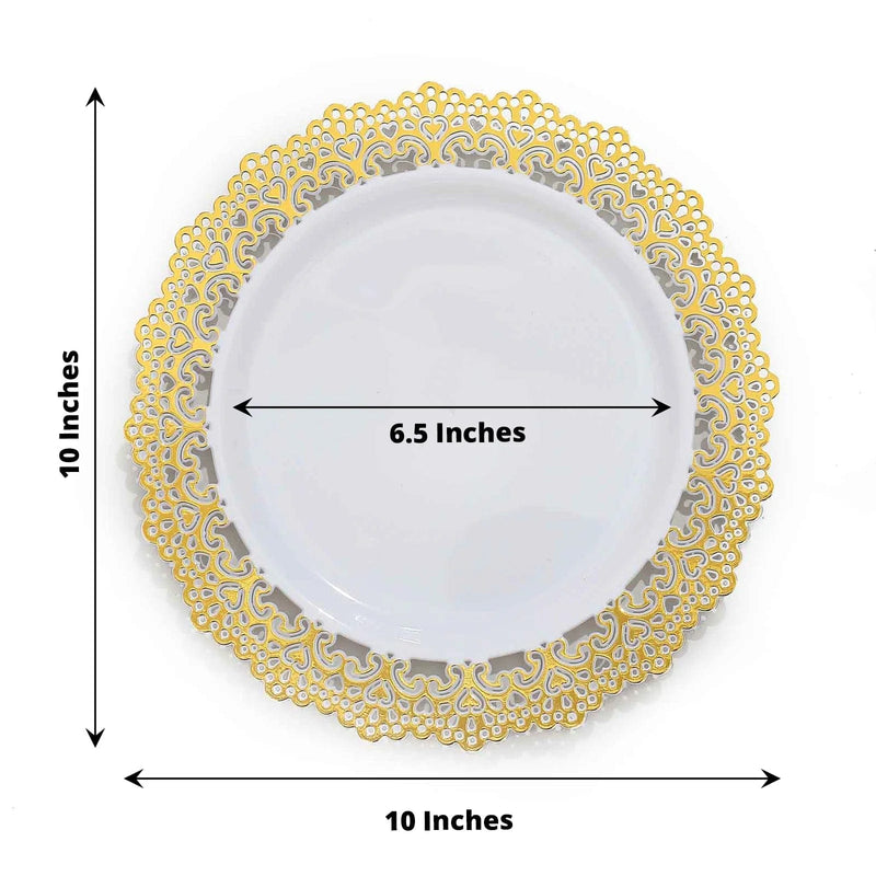 10 White Round Plastic Salad and Dinner Plates with Gold Lace Rim - Disposable Tableware