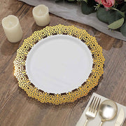 10 White Round Plastic Salad and Dinner Plates with Gold Lace Rim - Disposable Tableware