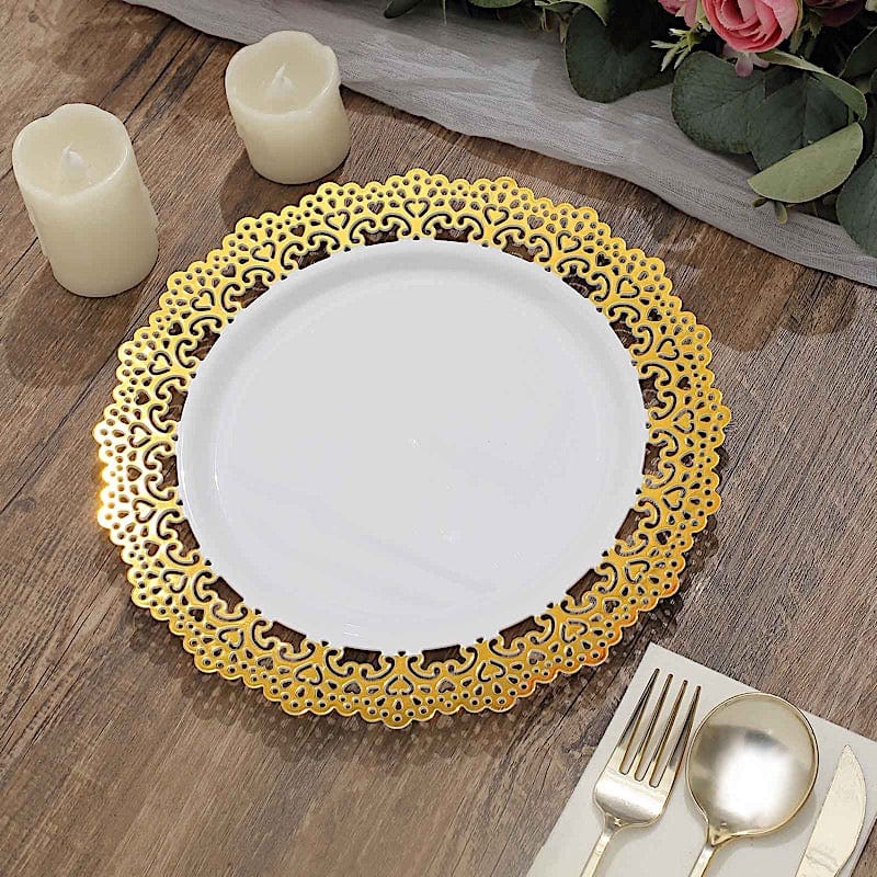 10 White Round Plastic Salad and Dinner Plates with Gold Lace Rim - Disposable Tableware