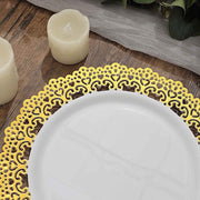 10 White Round Plastic Salad and Dinner Plates with Gold Lace Rim - Disposable Tableware