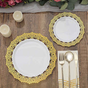 10 White Round Plastic Salad and Dinner Plates with Gold Lace Rim - Disposable Tableware