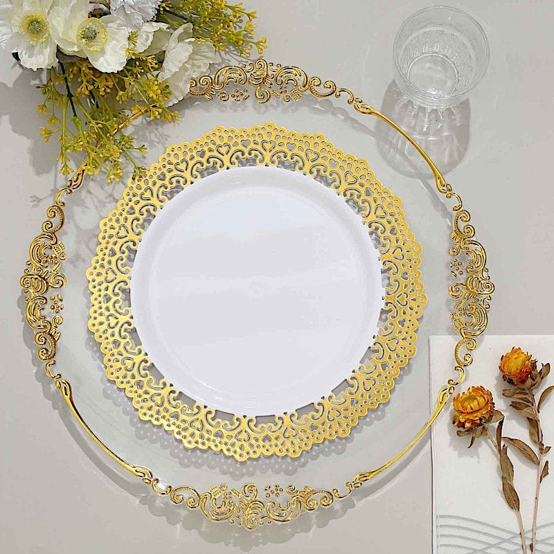 10 White Round Plastic Salad and Dinner Plates with Gold Lace Rim - Disposable Tableware
