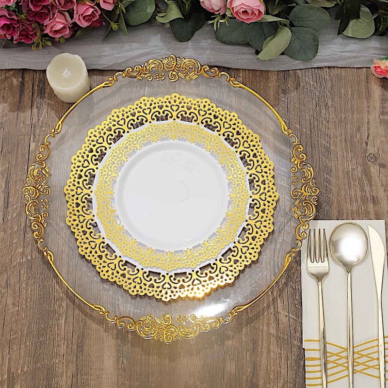 10 White Round Plastic Salad and Dinner Plates with Gold Lace Rim - Disposable Tableware