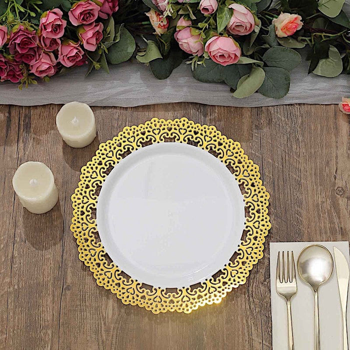 10 White Round Plastic Salad and Dinner Plates with Gold Lace Rim - Disposable Tableware