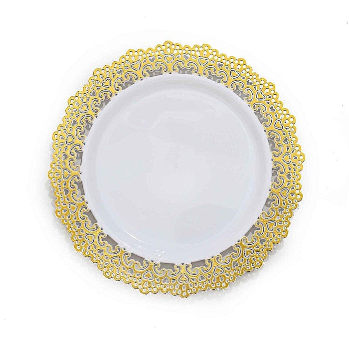 10 White Round Plastic Salad and Dinner Plates with Gold Lace Rim - Disposable Tableware DSP_PLR0023_10_WHGD
