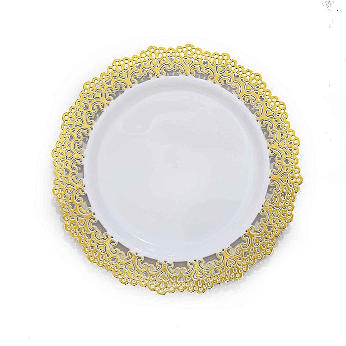 10 White Round Plastic Salad and Dinner Plates with Gold Lace Rim - Disposable Tableware DSP_PLR0023_7_WHGD