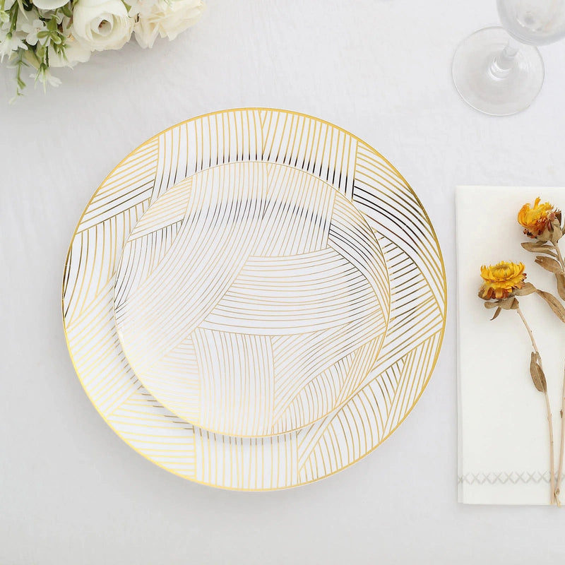 10 White Round Plastic Salad and Dinner Plates with Gold Strokes - Disposable Tableware