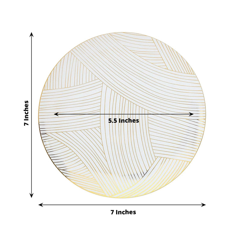 10 White Round Plastic Salad and Dinner Plates with Gold Strokes - Disposable Tableware