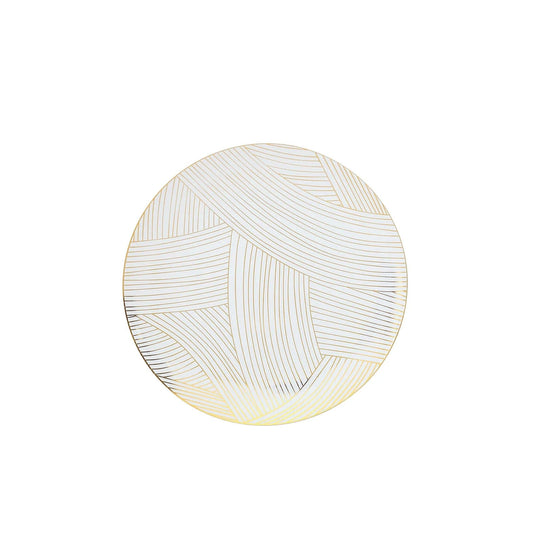 10 White Round Plastic Salad and Dinner Plates with Gold Strokes - Disposable Tableware