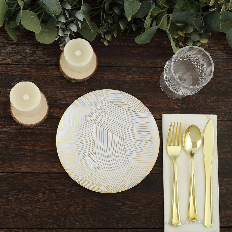 10 White Round Plastic Salad and Dinner Plates with Gold Strokes - Disposable Tableware