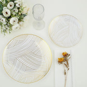 10 White Round Plastic Salad and Dinner Plates with Gold Strokes - Disposable Tableware