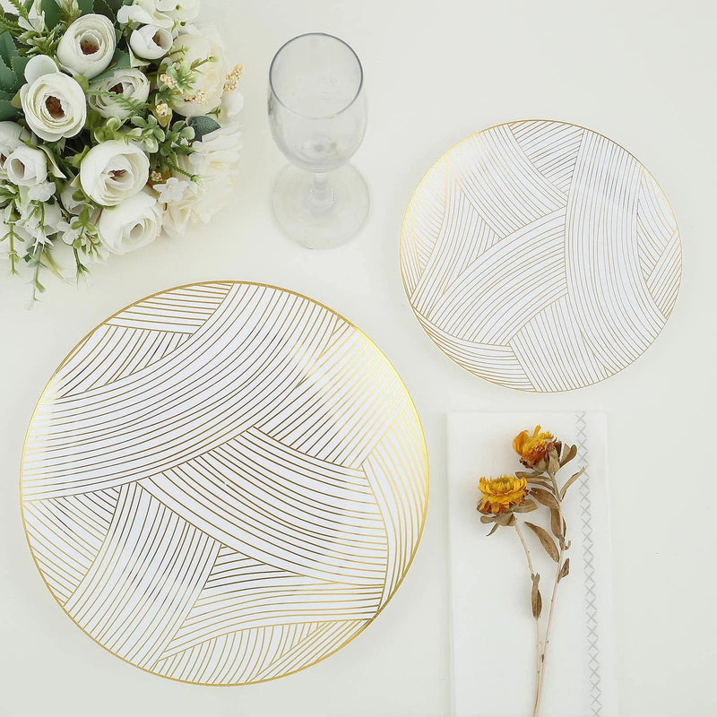 10 White Round Plastic Salad and Dinner Plates with Gold Strokes - Disposable Tableware