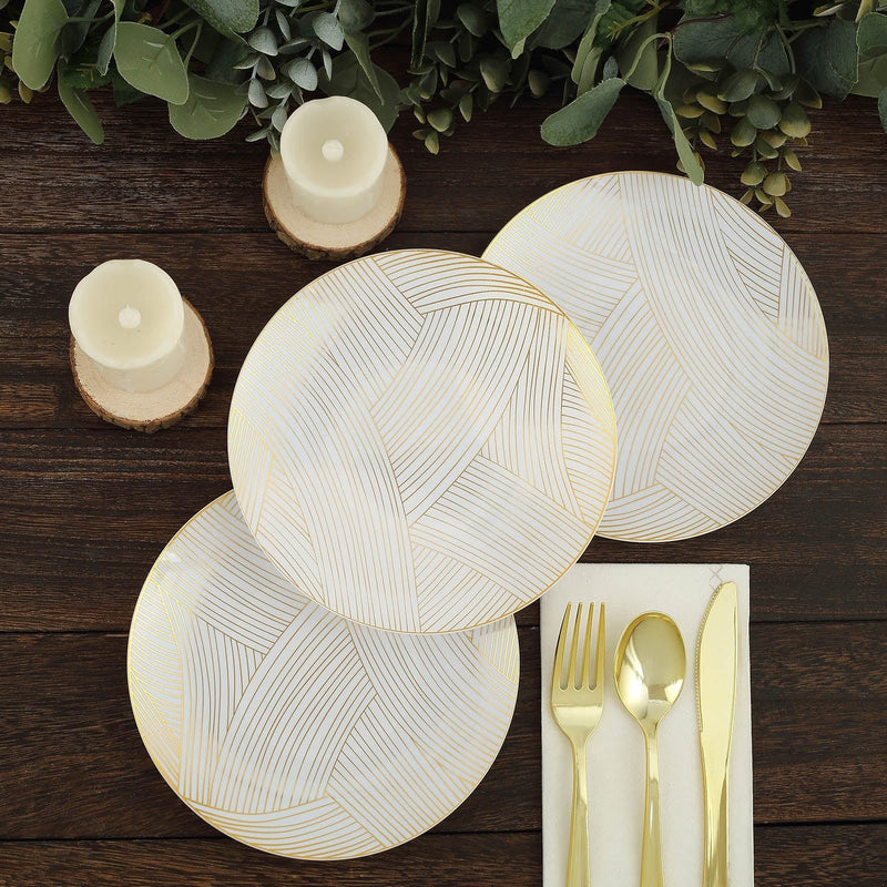10 White Round Plastic Salad and Dinner Plates with Gold Strokes - Disposable Tableware