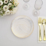 10 White Round Plastic Salad and Dinner Plates with Gold Strokes - Disposable Tableware