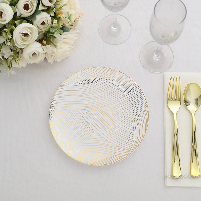 10 White Round Plastic Salad and Dinner Plates with Gold Strokes - Disposable Tableware