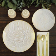 10 White Round Plastic Salad and Dinner Plates with Gold Strokes - Disposable Tableware