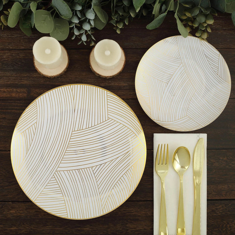 10 White Round Plastic Salad and Dinner Plates with Gold Strokes - Disposable Tableware