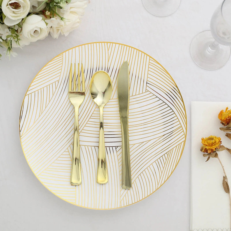 10 White Round Plastic Salad and Dinner Plates with Gold Strokes - Disposable Tableware