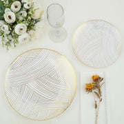 10 White Round Plastic Salad and Dinner Plates with Gold Strokes - Disposable Tableware