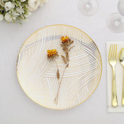 10 White Round Plastic Salad and Dinner Plates with Gold Strokes - Disposable Tableware