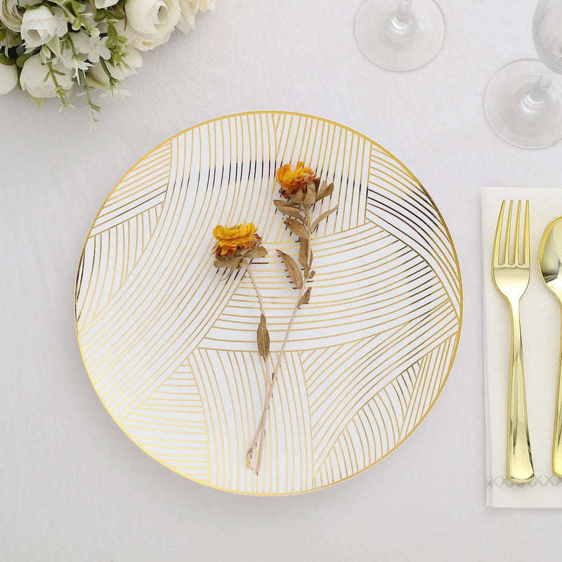 10 White Round Plastic Salad and Dinner Plates with Gold Strokes - Disposable Tableware