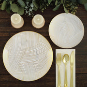 10 White Round Plastic Salad and Dinner Plates with Gold Strokes - Disposable Tableware
