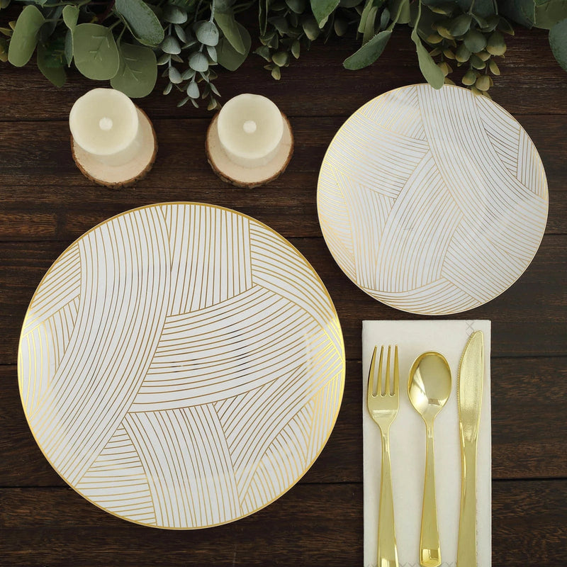 10 White Round Plastic Salad and Dinner Plates with Gold Strokes - Disposable Tableware