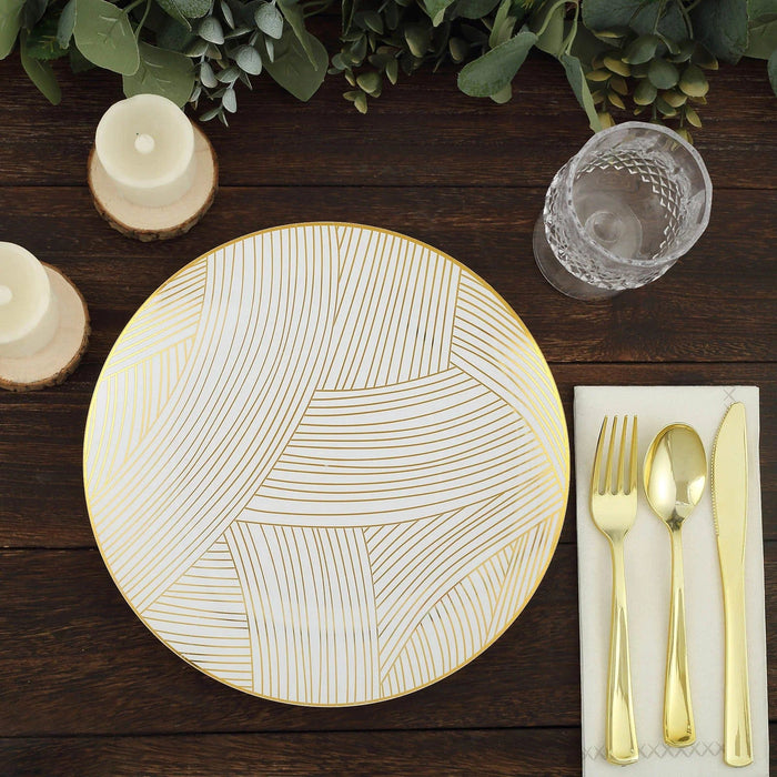 10 White Round Plastic Salad and Dinner Plates with Gold Strokes - Disposable Tableware