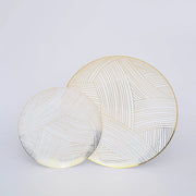 10 White Round Plastic Salad and Dinner Plates with Gold Strokes - Disposable Tableware