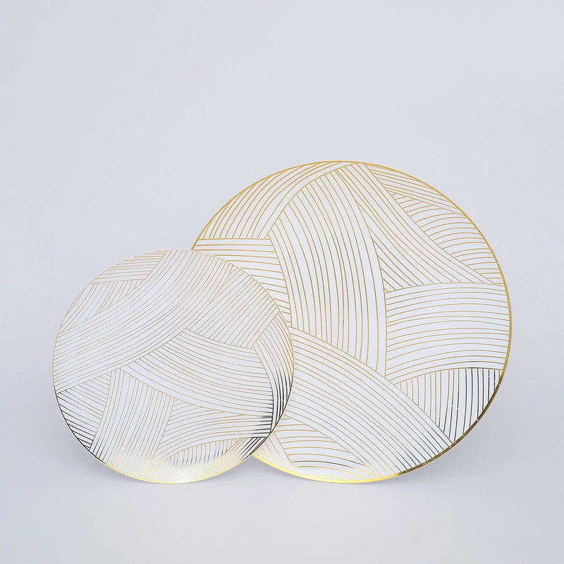 10 White Round Plastic Salad and Dinner Plates with Gold Strokes - Disposable Tableware
