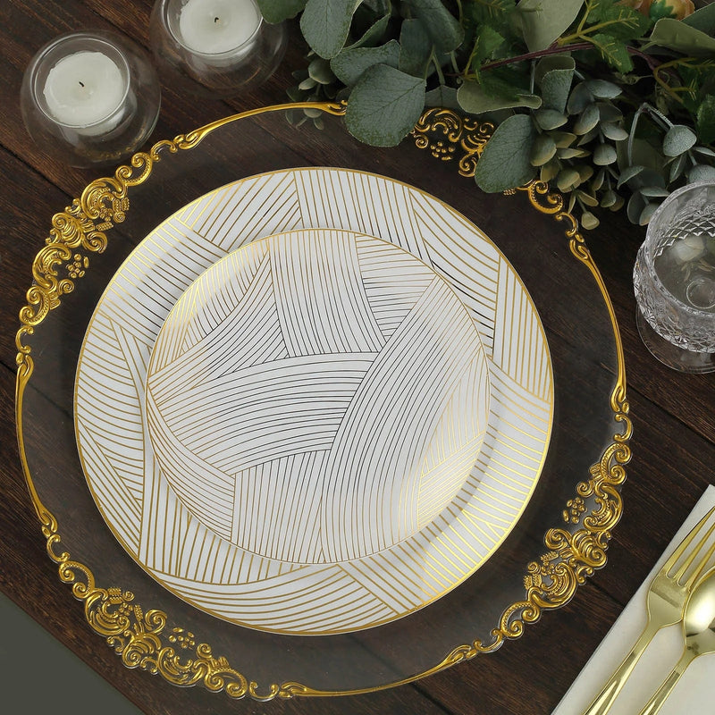 10 White Round Plastic Salad and Dinner Plates with Gold Strokes - Disposable Tableware
