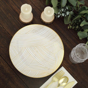 10 White Round Plastic Salad and Dinner Plates with Gold Strokes - Disposable Tableware