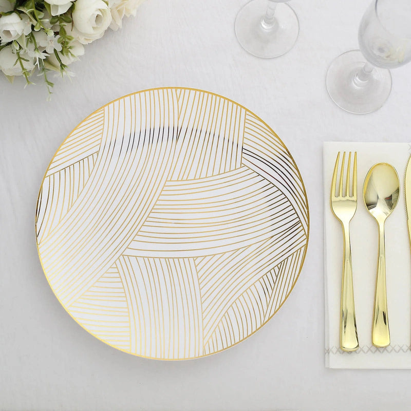 10 White Round Plastic Salad and Dinner Plates with Gold Strokes - Disposable Tableware
