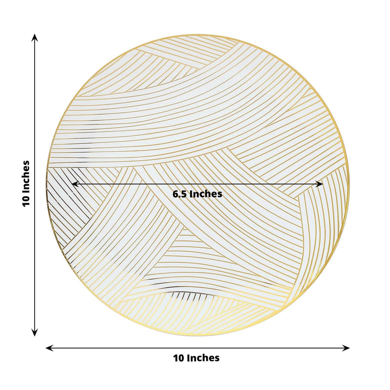 10 White Round Plastic Salad and Dinner Plates with Gold Strokes - Disposable Tableware