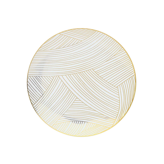 10 White Round Plastic Salad and Dinner Plates with Gold Strokes - Disposable Tableware DSP_PLR0025_10_WHGD