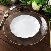 10 White Round Plastic Salad Dinner Plates with Gold Wavy Rim - Disposable Tableware