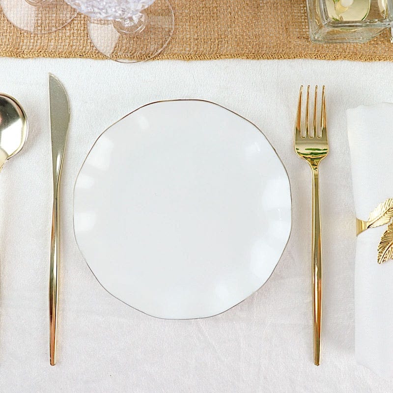 10 White Round Plastic Salad Dinner Plates with Gold Wavy Rim - Disposable Tableware