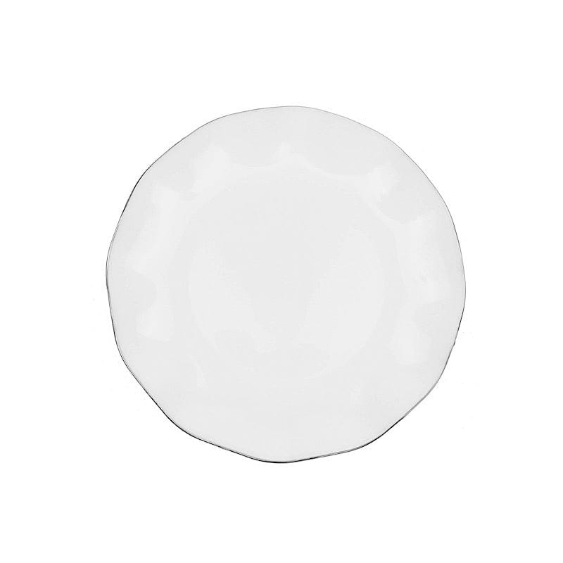 10 White Round Plastic Salad Dinner Plates with Gold Wavy Rim - Disposable Tableware