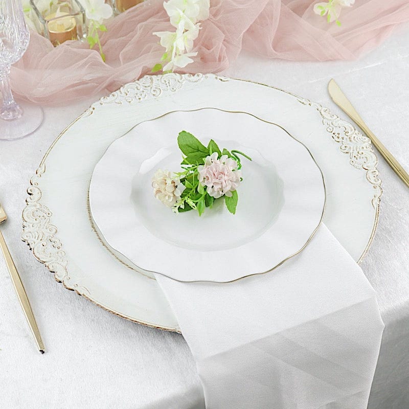 10 White Round Plastic Salad Dinner Plates with Gold Wavy Rim - Disposable Tableware