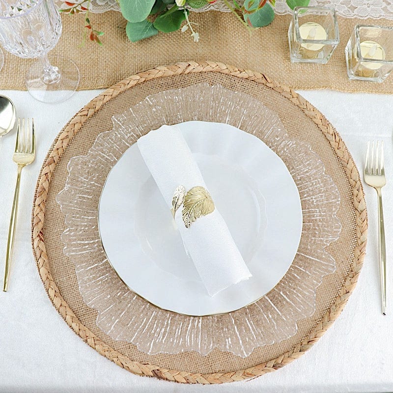 10 White Round Plastic Salad Dinner Plates with Gold Wavy Rim - Disposable Tableware