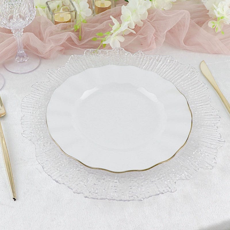 10 White Round Plastic Salad Dinner Plates with Gold Wavy Rim - Disposable Tableware