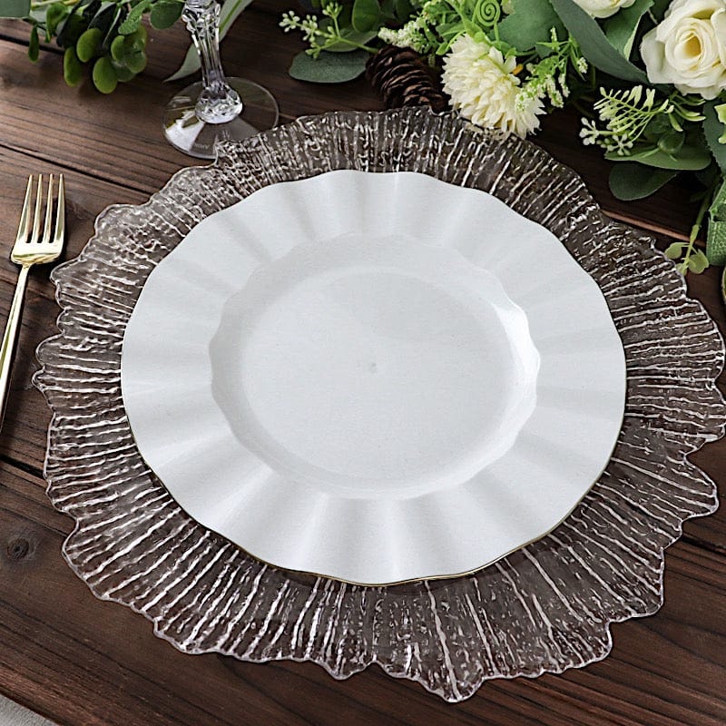 10 White Round Plastic Salad Dinner Plates with Gold Wavy Rim - Disposable Tableware
