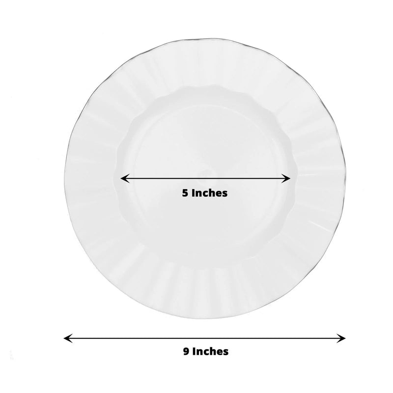 10 White Round Plastic Salad Dinner Plates with Gold Wavy Rim - Disposable Tableware